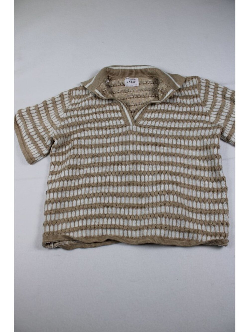 Sabo Womens Beige & White Striped Knit Collared Short Sleeve Top Size S